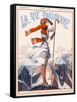 A Young Woman Stands on a Summit Amid a Mountain Range-null-Framed Stretched Canvas