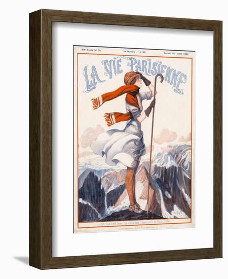 A Young Woman Stands on a Summit Amid a Mountain Range-null-Framed Art Print