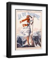 A Young Woman Stands on a Summit Amid a Mountain Range-null-Framed Art Print