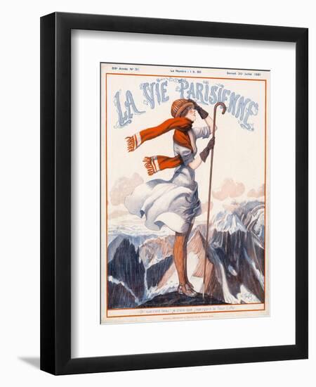 A Young Woman Stands on a Summit Amid a Mountain Range-null-Framed Art Print