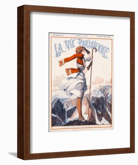 A Young Woman Stands on a Summit Amid a Mountain Range-null-Framed Art Print