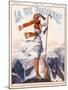 A Young Woman Stands on a Summit Amid a Mountain Range-null-Mounted Art Print