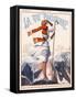 A Young Woman Stands on a Summit Amid a Mountain Range-null-Framed Stretched Canvas