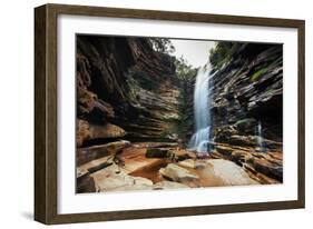 A Young Woman Stretches under Cachoeira Mosquito in Chapada Diamantina National Park-Alex Saberi-Framed Photographic Print