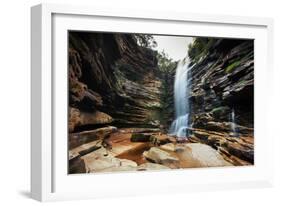 A Young Woman Stretches under Cachoeira Mosquito in Chapada Diamantina National Park-Alex Saberi-Framed Photographic Print