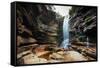 A Young Woman Stretches under Cachoeira Mosquito in Chapada Diamantina National Park-Alex Saberi-Framed Stretched Canvas