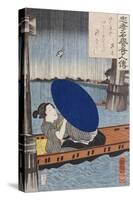 A Young Woman with a Blue Open Umbrella in a Boat Between Wooden Supports-Kuniyoshi Utagawa-Stretched Canvas