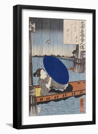 A Young Woman with a Blue Open Umbrella in a Boat Between Wooden Supports-Kuniyoshi Utagawa-Framed Giclee Print