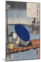 A Young Woman with a Blue Open Umbrella in a Boat Between Wooden Supports-Kuniyoshi Utagawa-Mounted Giclee Print