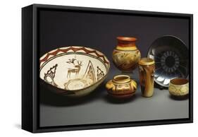 A Zuni Shalako Pottery Bowl, a San Ildefonso Circular Back Pottery Dish-null-Framed Stretched Canvas