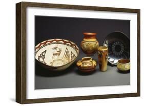 A Zuni Shalako Pottery Bowl, a San Ildefonso Circular Back Pottery Dish-null-Framed Giclee Print