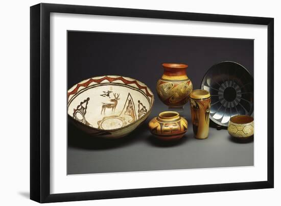 A Zuni Shalako Pottery Bowl, a San Ildefonso Circular Back Pottery Dish-null-Framed Giclee Print