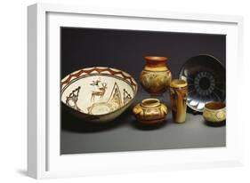 A Zuni Shalako Pottery Bowl, a San Ildefonso Circular Back Pottery Dish-null-Framed Giclee Print