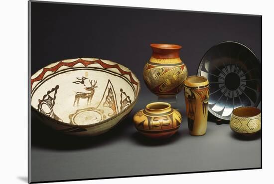 A Zuni Shalako Pottery Bowl, a San Ildefonso Circular Back Pottery Dish-null-Mounted Giclee Print
