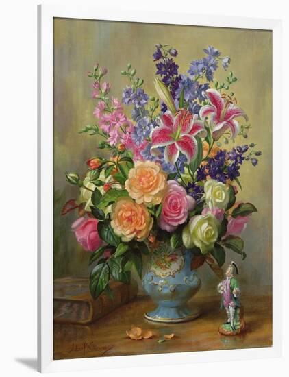 AB250 Still Life of Roses, Lilies and Delphiniums-Albert Williams-Framed Premium Giclee Print