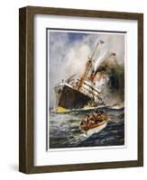 Abandon Ship! the Crew of a Torpedoed British Ship Take to the Boats as Their Vessel Keels Over-Charles J. De Lacy-Framed Art Print