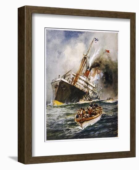 Abandon Ship! the Crew of a Torpedoed British Ship Take to the Boats as Their Vessel Keels Over-Charles J. De Lacy-Framed Art Print