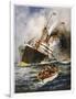 Abandon Ship! the Crew of a Torpedoed British Ship Take to the Boats as Their Vessel Keels Over-Charles J. De Lacy-Framed Art Print