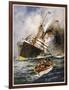 Abandon Ship! the Crew of a Torpedoed British Ship Take to the Boats as Their Vessel Keels Over-Charles J. De Lacy-Framed Art Print