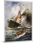 Abandon Ship! the Crew of a Torpedoed British Ship Take to the Boats as Their Vessel Keels Over-Charles J. De Lacy-Mounted Art Print