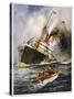 Abandon Ship! the Crew of a Torpedoed British Ship Take to the Boats as Their Vessel Keels Over-Charles J. De Lacy-Stretched Canvas