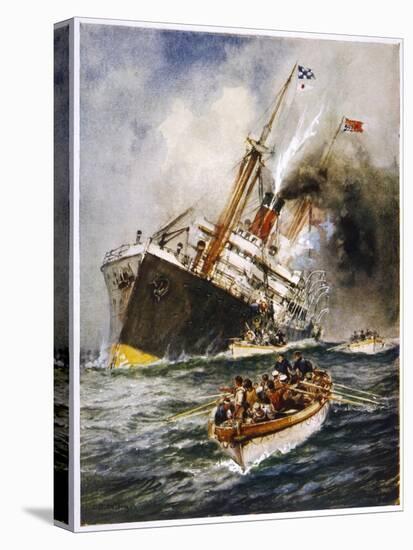 Abandon Ship! the Crew of a Torpedoed British Ship Take to the Boats as Their Vessel Keels Over-Charles J. De Lacy-Stretched Canvas