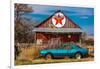 Abandoned blue Camaro Chevrolete in front of deserted Texaco Station, remote part of Nebraska-null-Framed Photographic Print