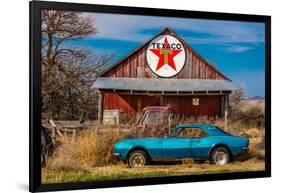 Abandoned blue Camaro Chevrolete in front of deserted Texaco Station, remote part of Nebraska-null-Framed Photographic Print