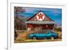 Abandoned blue Camaro Chevrolete in front of deserted Texaco Station, remote part of Nebraska-null-Framed Photographic Print