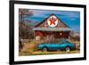 Abandoned blue Camaro Chevrolete in front of deserted Texaco Station, remote part of Nebraska-null-Framed Photographic Print
