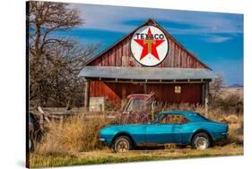 Abandoned blue Camaro Chevrolete in front of deserted Texaco Station, remote part of Nebraska-null-Stretched Canvas