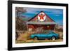 Abandoned blue Camaro Chevrolete in front of deserted Texaco Station, remote part of Nebraska-null-Framed Photographic Print