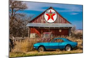 Abandoned blue Camaro Chevrolete in front of deserted Texaco Station, remote part of Nebraska-null-Mounted Photographic Print