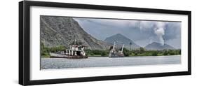 Abandoned ships with volcano in the background, Tavurvur, Rabaul, East New Britain, Papua New Gu...-null-Framed Photographic Print