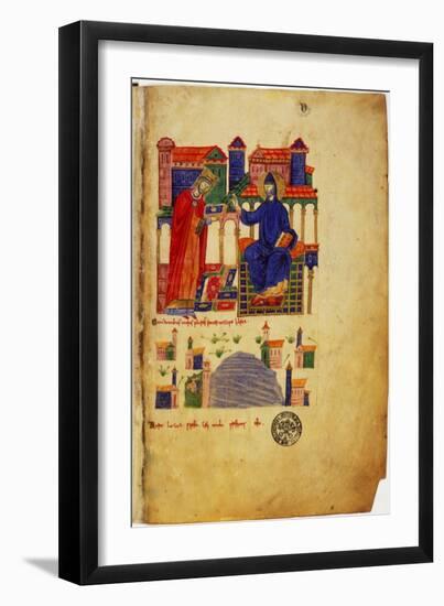 Abbot of Montecassino, of fers Saint Benedict a Manuscript-null-Framed Art Print