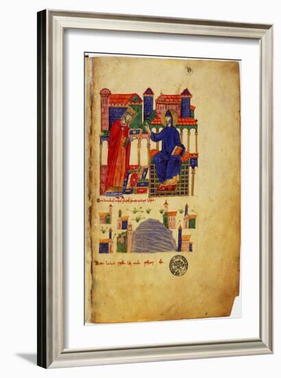 Abbot of Montecassino, of fers Saint Benedict a Manuscript-null-Framed Art Print