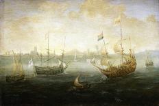 Dutch Ship on Calm Sea. to His Left, a Fishing Boat in Operation, to His Right, an Anchored Boat. O-Abraham de Verwer-Giclee Print