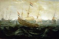 Dutch Ship on Calm Sea. to His Left, a Fishing Boat in Operation, to His Right, an Anchored Boat. O-Abraham de Verwer-Stretched Canvas