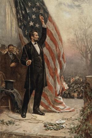 American Civil War Painting of President Abraham Lincoln Holding the American Flag