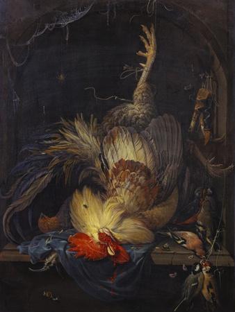 A Cockerel, a Partridge, Powder Horns, a Kingfisher and Song-Birds Hanging in a Niche, with a…