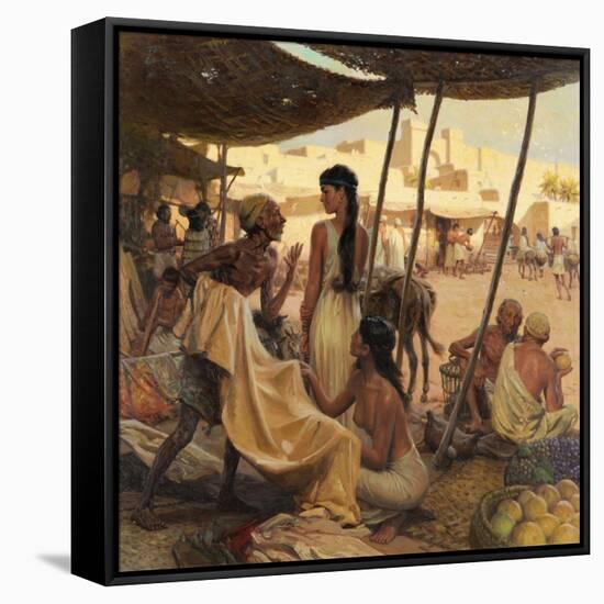 Abraham's Wife, Sarai, and a Slave Bargain for Cloth in a Marketplace-Tom Lovell-Framed Stretched Canvas