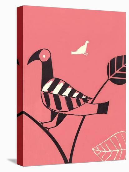 Abstract Bird Perched on Branch-Found Image Press-Stretched Canvas