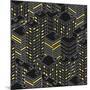 Abstract Black Seamless Pattern. Isometric Building at Night. Linear Style. the Outlines of Skyscra-Svetlana Avv-Mounted Art Print