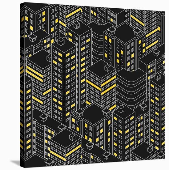 Abstract Black Seamless Pattern. Isometric Building at Night. Linear Style. the Outlines of Skyscra-Svetlana Avv-Stretched Canvas