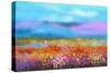 Abstract Colorful Oil Painting Landscape Background. Semi Abstract Image of Wildflower and Field. Y-pluie_r-Stretched Canvas