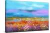 Abstract Colorful Oil Painting Landscape Background. Semi Abstract Image of Wildflower and Field. Y-pluie_r-Stretched Canvas