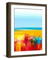 Abstract Colorful Oil Painting Landscape on Canvas. Semi- Abstract Image of Flowers, Meadow and Fie-pluie_r-Framed Art Print