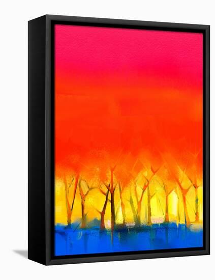 Abstract Colorful Oil Painting Landscape on Canvas. Semi- Abstract Image of Tree and Red Sky. Sprin-pluie_r-Framed Stretched Canvas