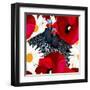 Abstract Draw Rooster Hen, Floral Background (Daisy, Red Poppy), Black White Polka Dots, Seamless P-Viktoriya Panasenko-Framed Art Print