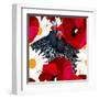 Abstract Draw Rooster Hen, Floral Background (Daisy, Red Poppy), Black White Polka Dots, Seamless P-Viktoriya Panasenko-Framed Art Print